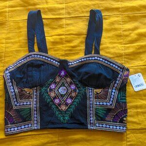 Free People Bohemian Cropped Black Tank Top, Size Medium with Embroidery Detail